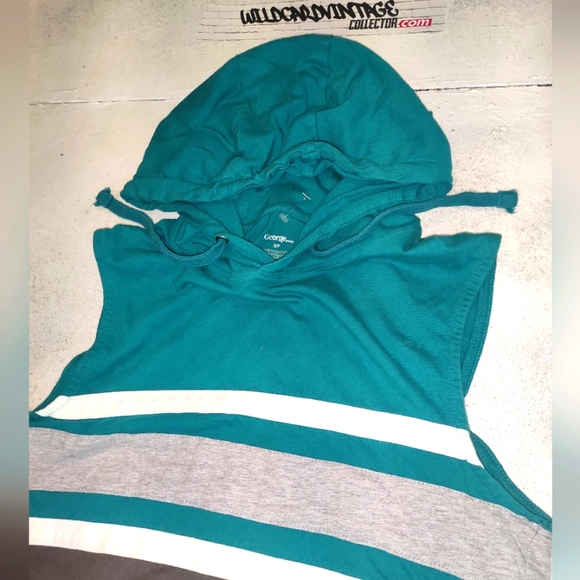 Sleeveless Teal Grey White Hoodie striped size small - Picture 4 of 6